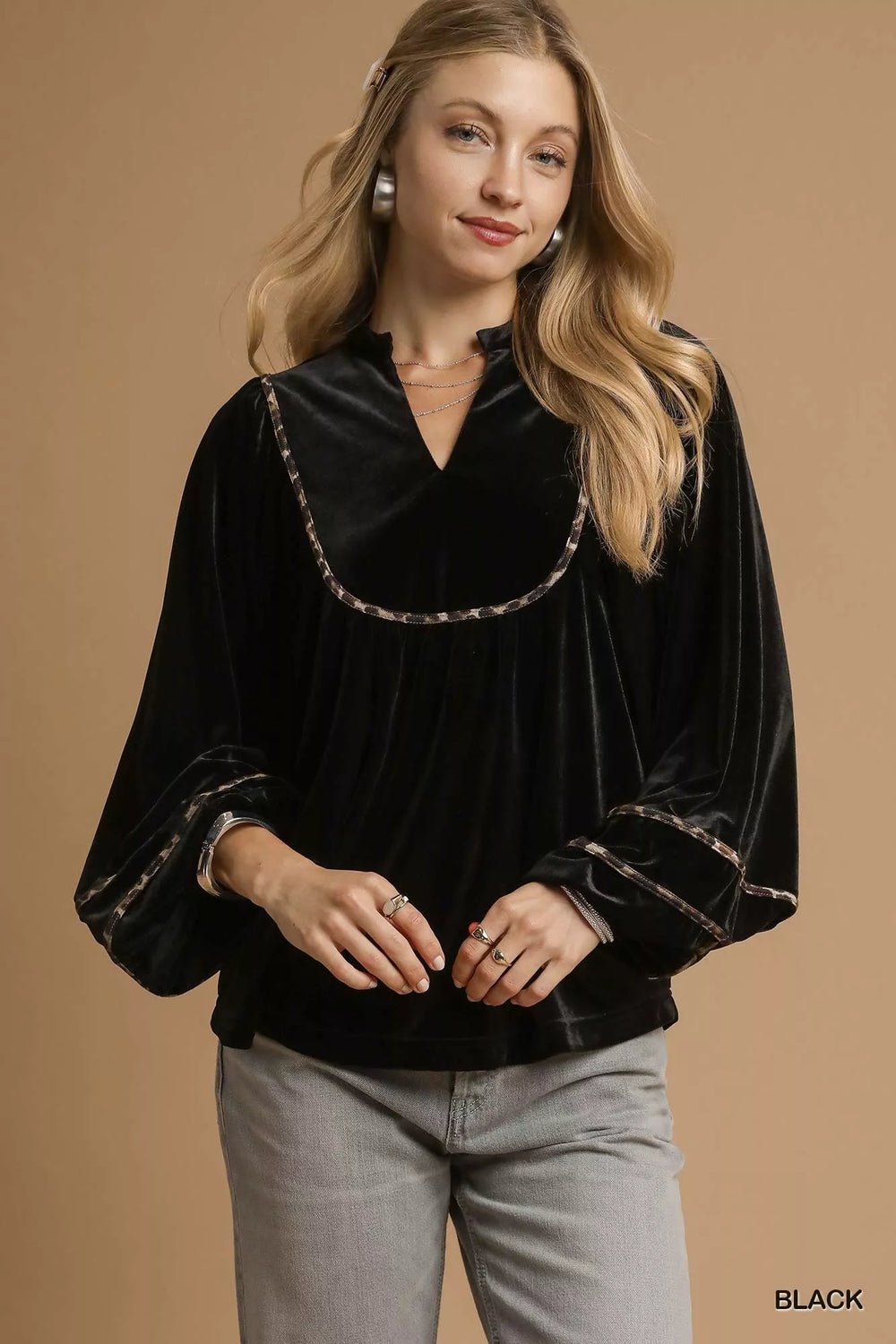 Maria Umgee Velvet Long Sleeve Tops with Contrast Trim