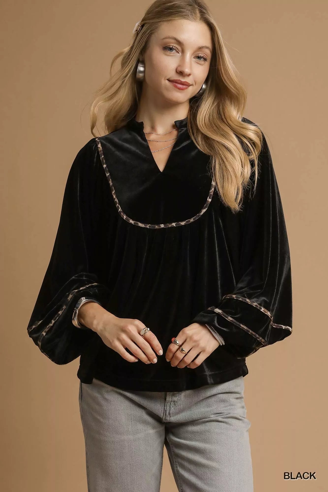 Maria Umgee Velvet Long Sleeve Tops with Contrast Trim