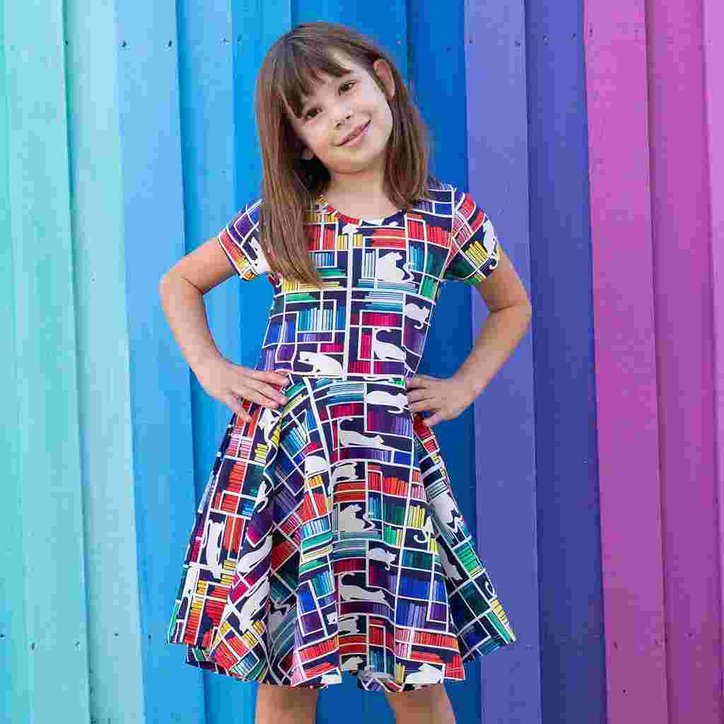 Rainbow Books & Cats Dress - Check Meowt Twirler with Pockets