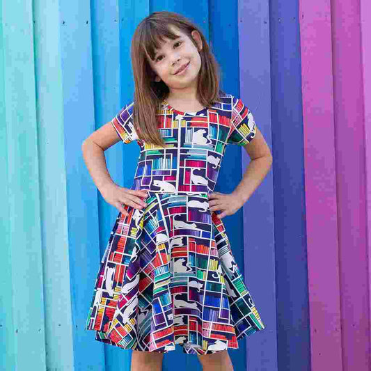 Rainbow Books & Cats Dress - Check Meowt Twirler with Pockets