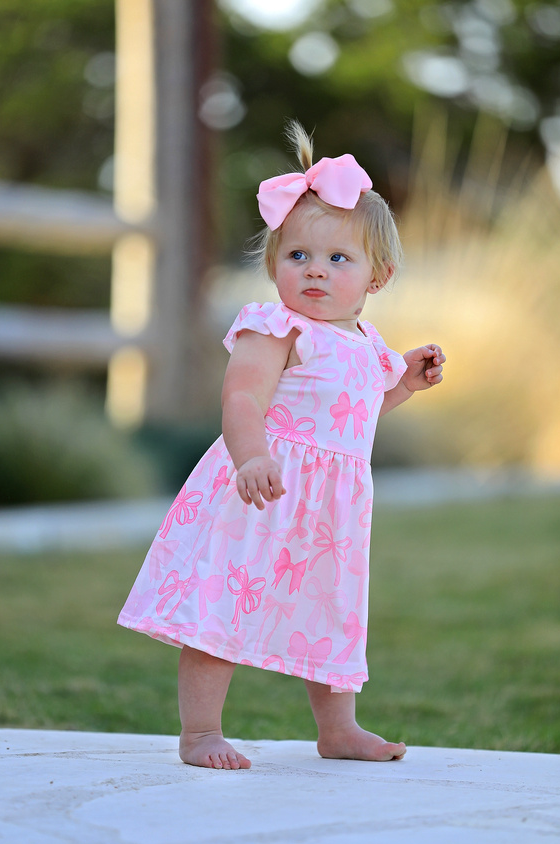 Kimmie Bow Print Flying Sleeve Girls Dress