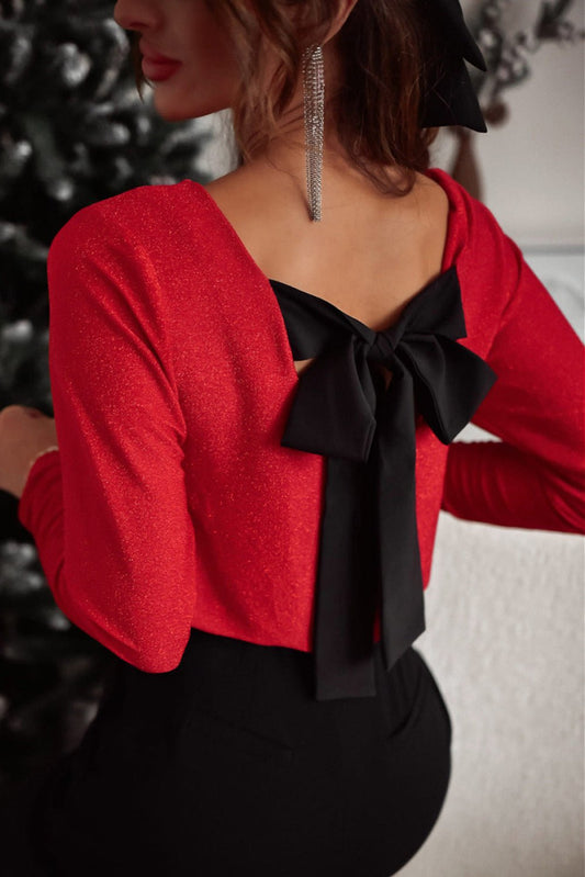 Jailine Bowknot V-Neck Long Sleeve Tops
