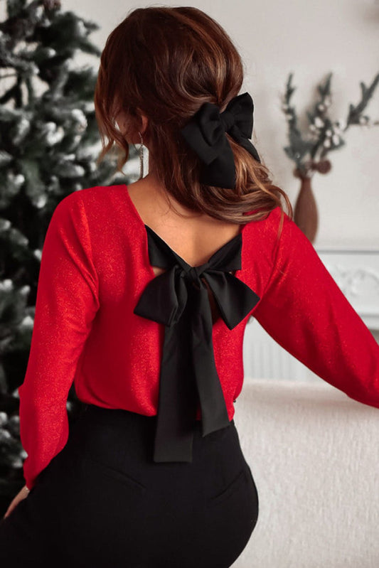 Jailine Bowknot V-Neck Long Sleeve Tops
