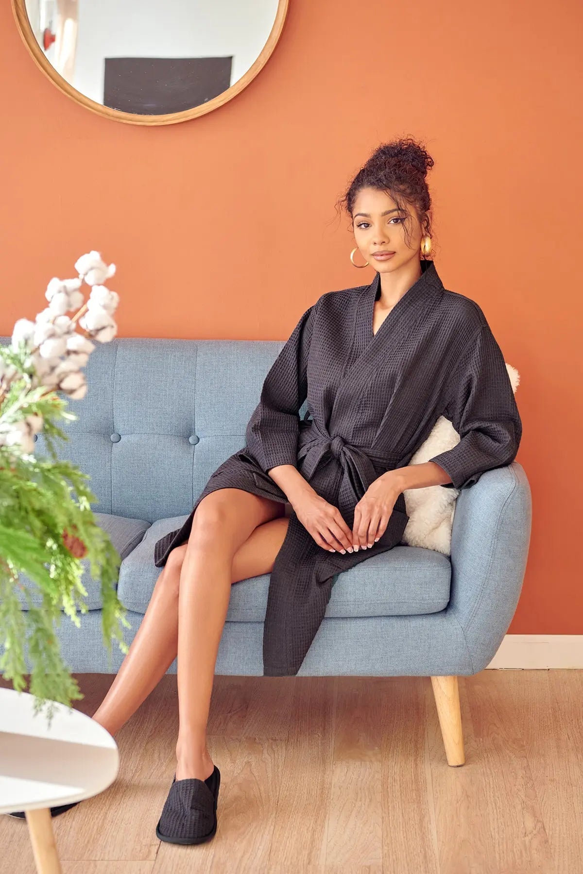 Glenny Knee-Length Waffle Kimono Robe for Women
