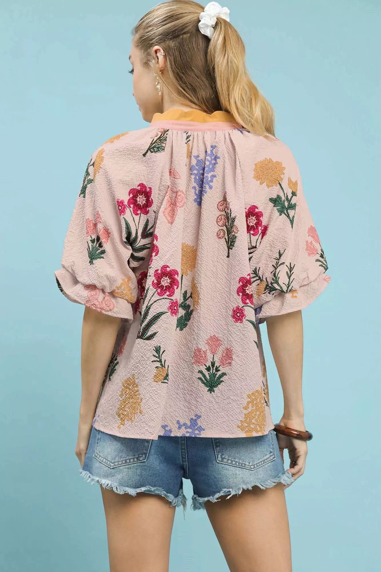 Wanda Floral Puff Sleeve Tops with Scallop Trim Collar
