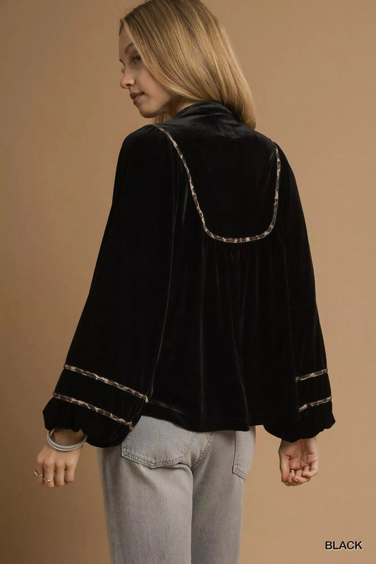 Maria Umgee Velvet Long Sleeve Tops with Contrast Trim