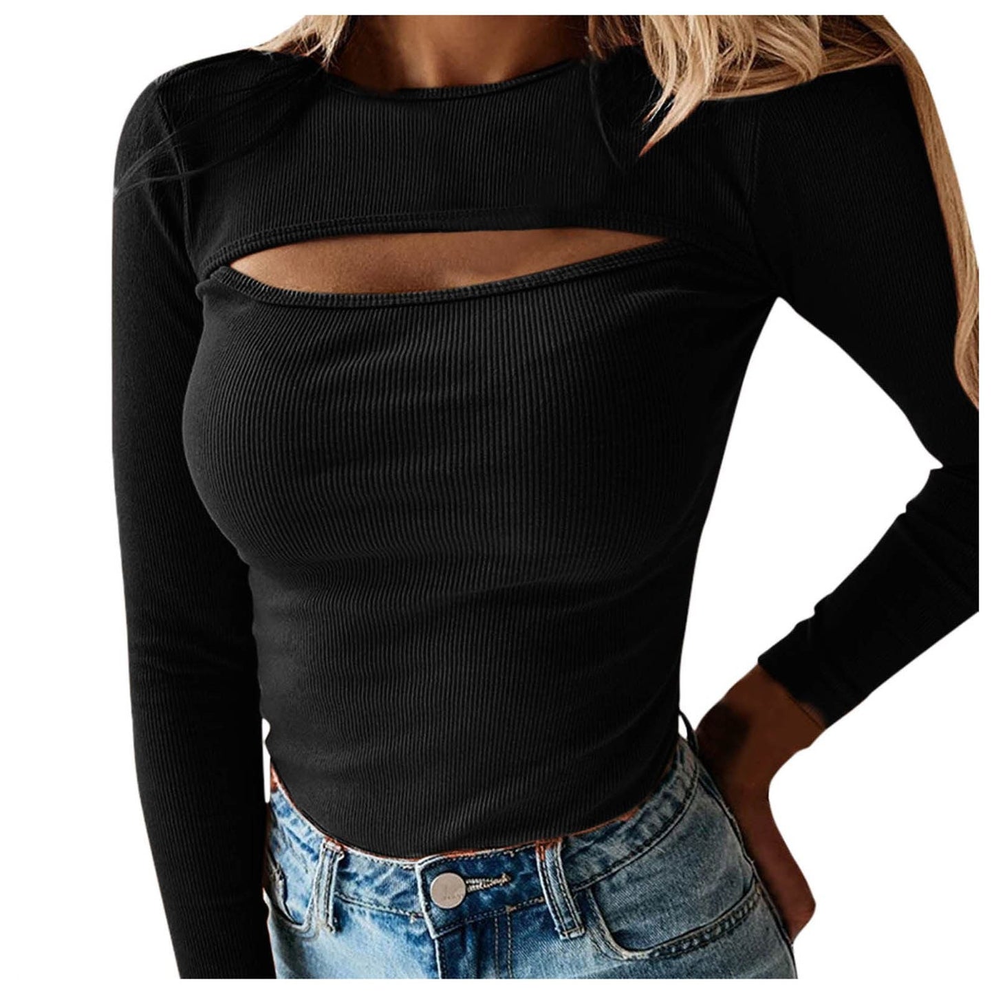 Felicia Chest Cutout Long Sleeved Ribbed Solid Color Tops