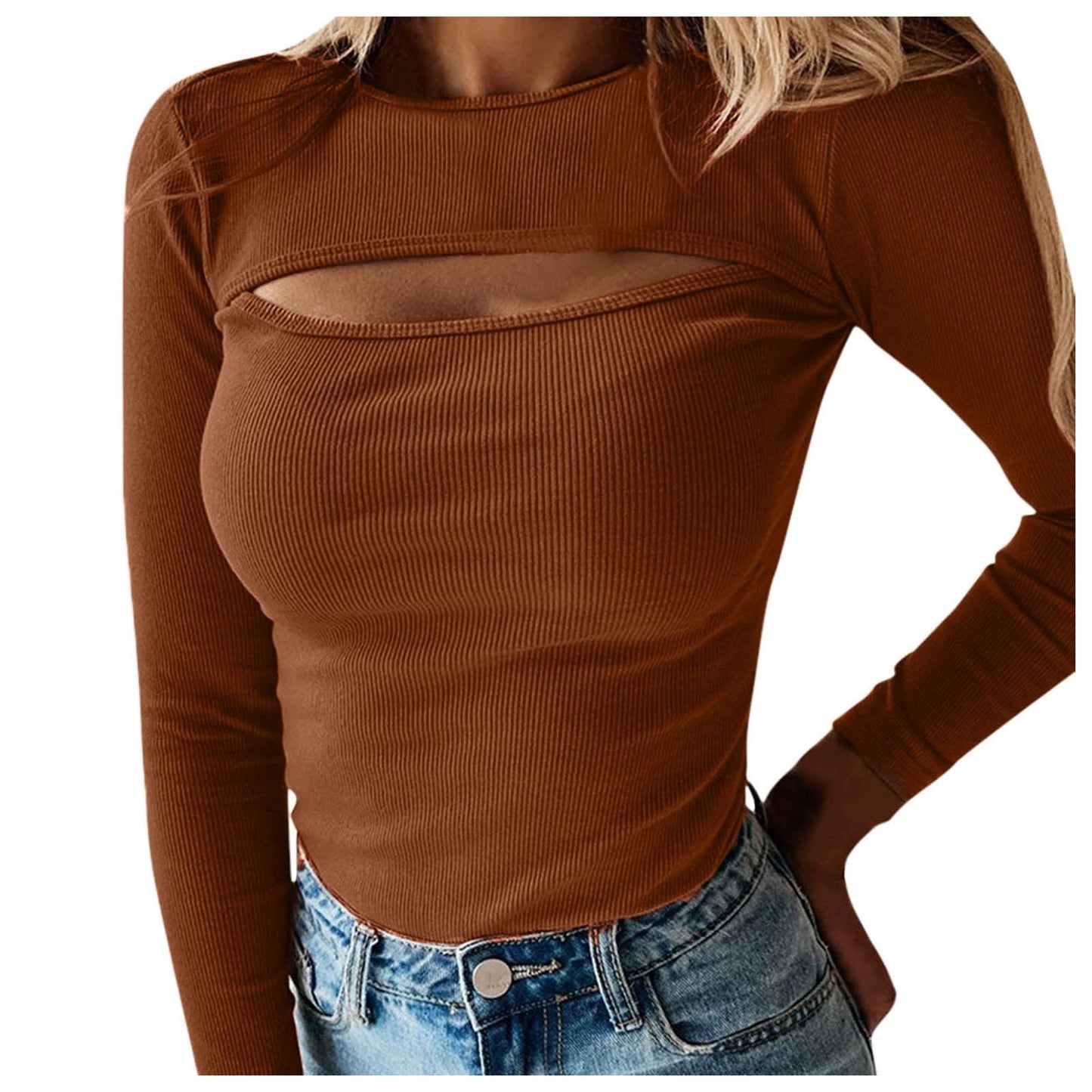 Felicia Chest Cutout Long Sleeved Ribbed Solid Color Tops
