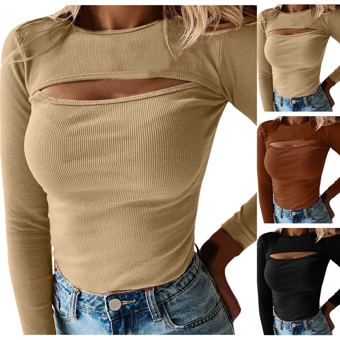Felicia Chest Cutout Long Sleeved Ribbed Solid Color Tops