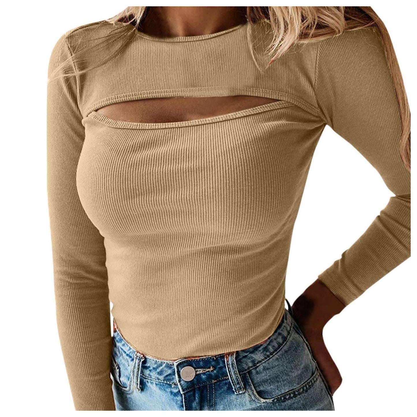 Felicia Chest Cutout Long Sleeved Ribbed Solid Color Tops