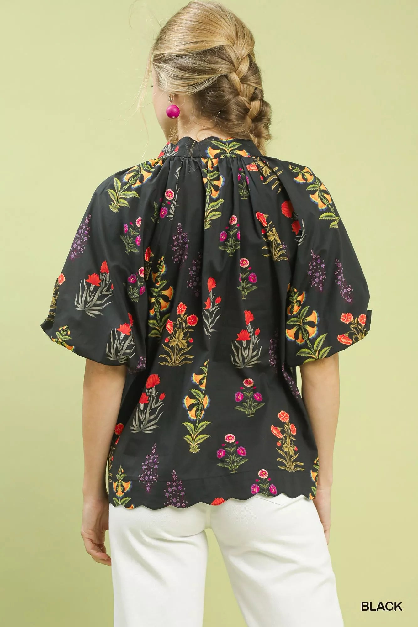 Heidy Floral Print Puff Sleeve Scallop Hem Tops