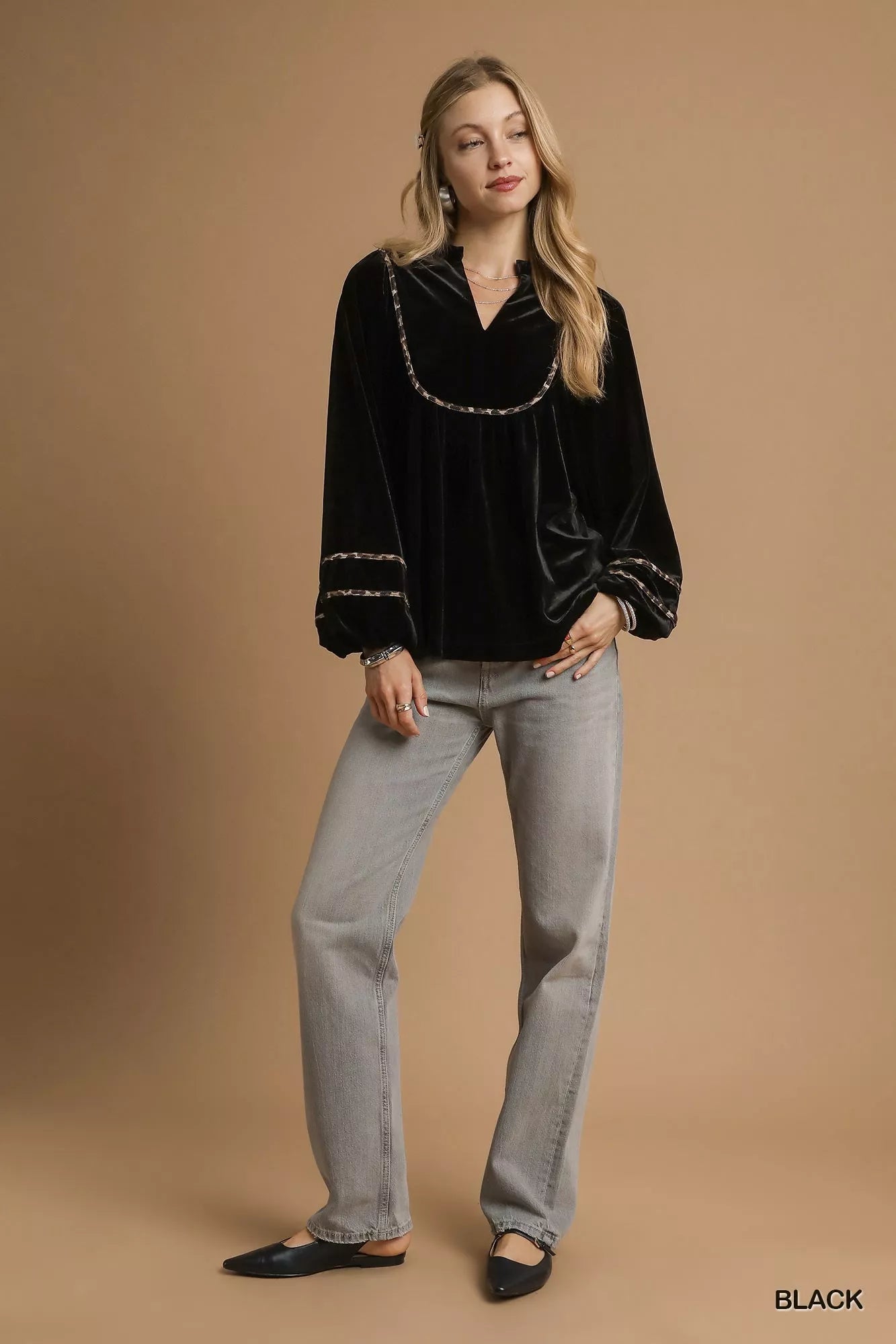 Maria Umgee Velvet Long Sleeve Tops with Contrast Trim