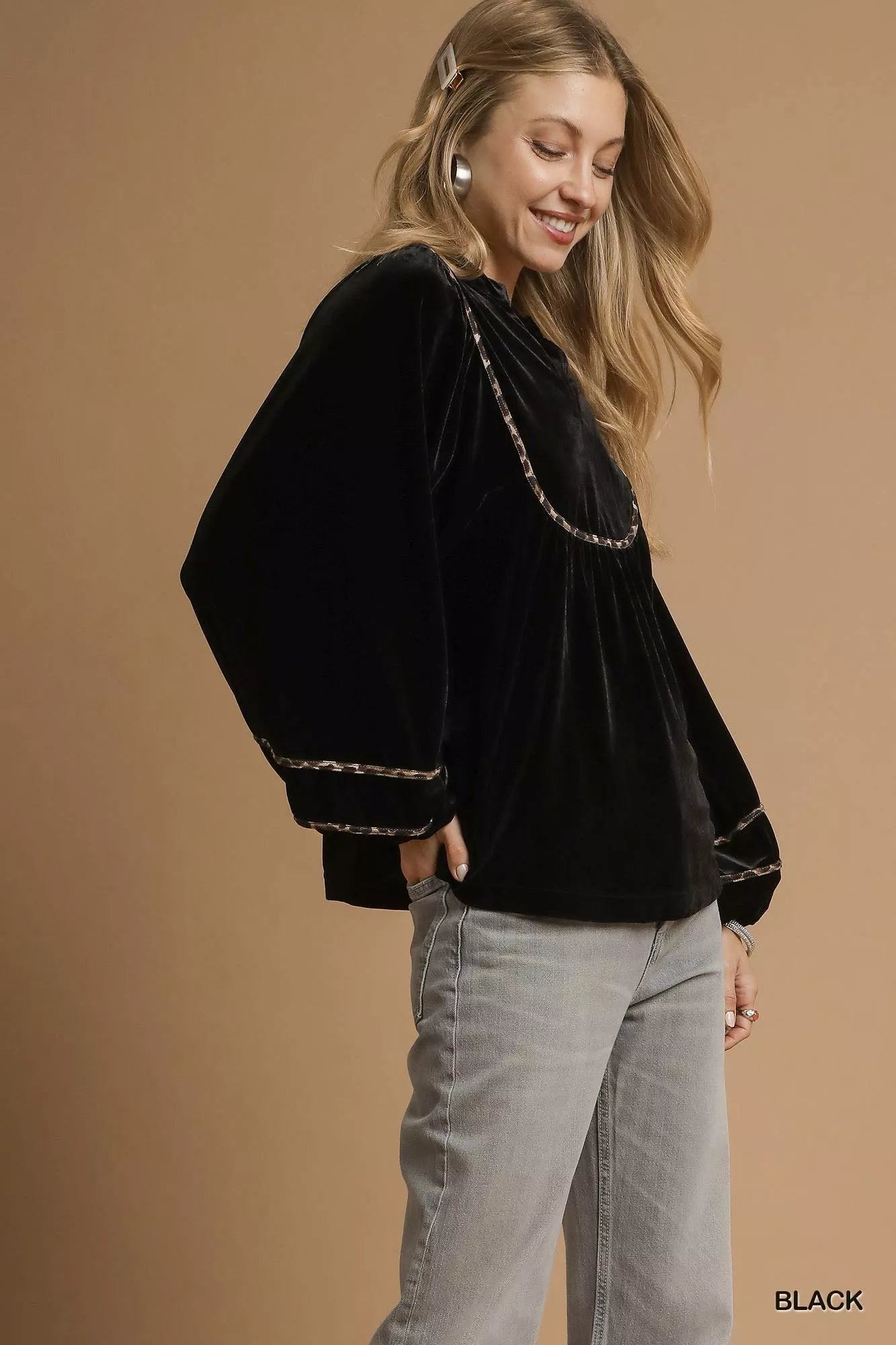 Maria Umgee Velvet Long Sleeve Tops with Contrast Trim