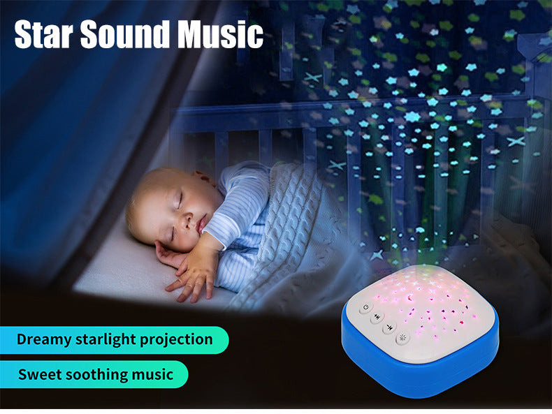 Sleeping baby near blue star projector night light playing soothing music in dark nursery