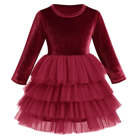 Long Sleeve Christmas Dresses for Baby Girls-Burgundy Flower-Girl Tutu Tulle Dress Fall/Winter/Fancy Party Twirl Dress-Vestidos Elegantes