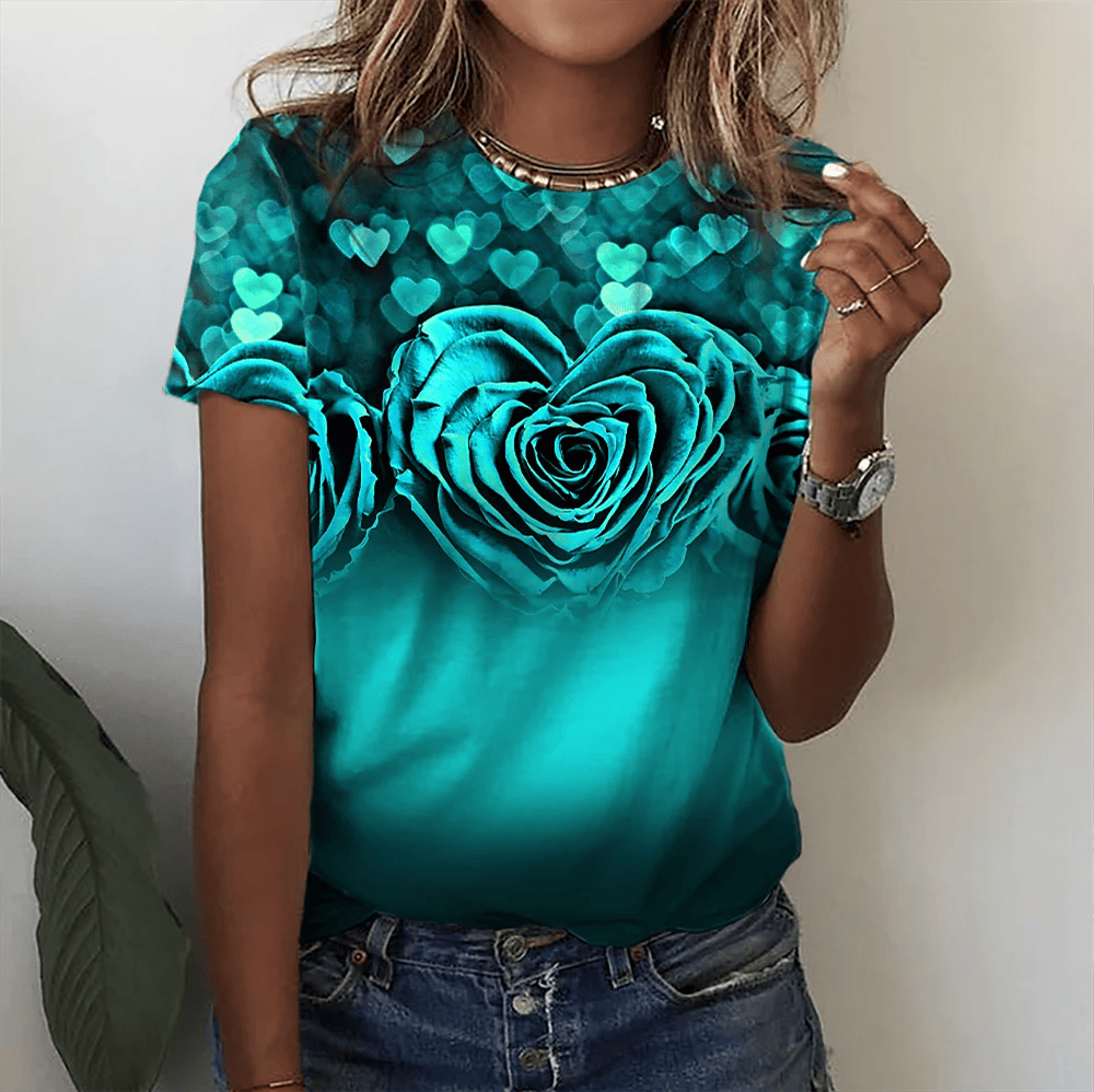 Naila 3D Rose Printing Short Sleeve Tees Plus Sized Women Tops