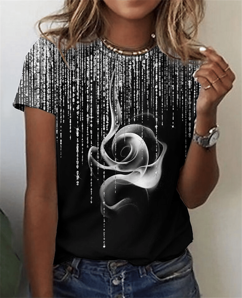 Naila 3D Rose Printing Short Sleeve Tees Plus Sized Women Tops