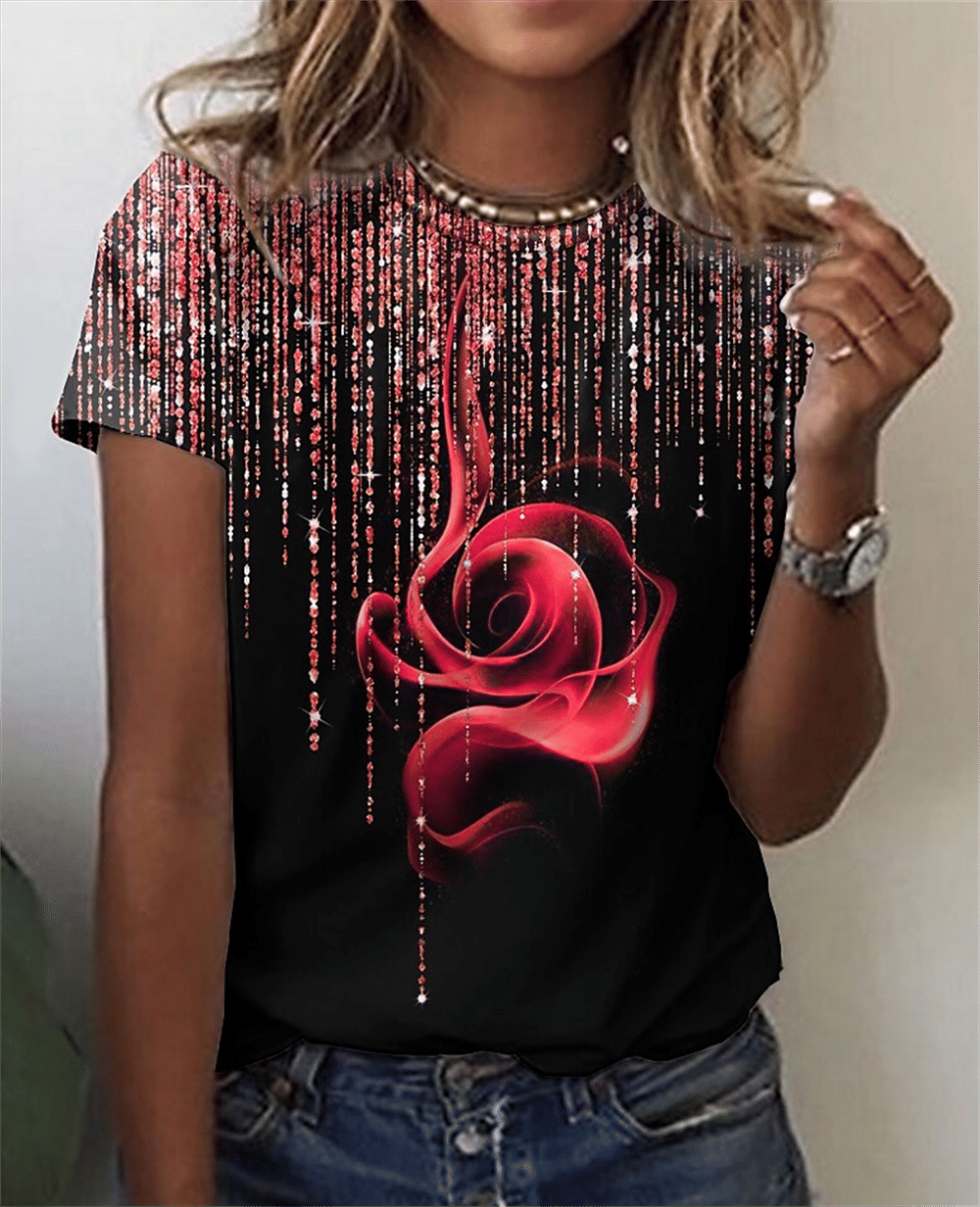 Naila 3D Rose Printing Short Sleeve Tees Plus Sized Women Tops