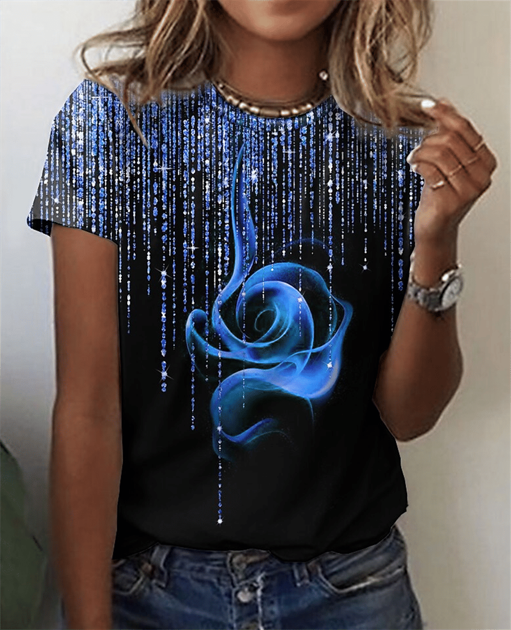 Naila 3D Rose Printing Short Sleeve Tees Plus Sized Women Tops