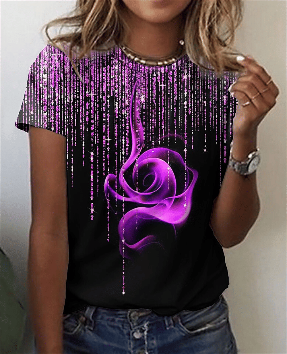 Naila 3D Rose Printing Short Sleeve Tees Plus Sized Women Tops