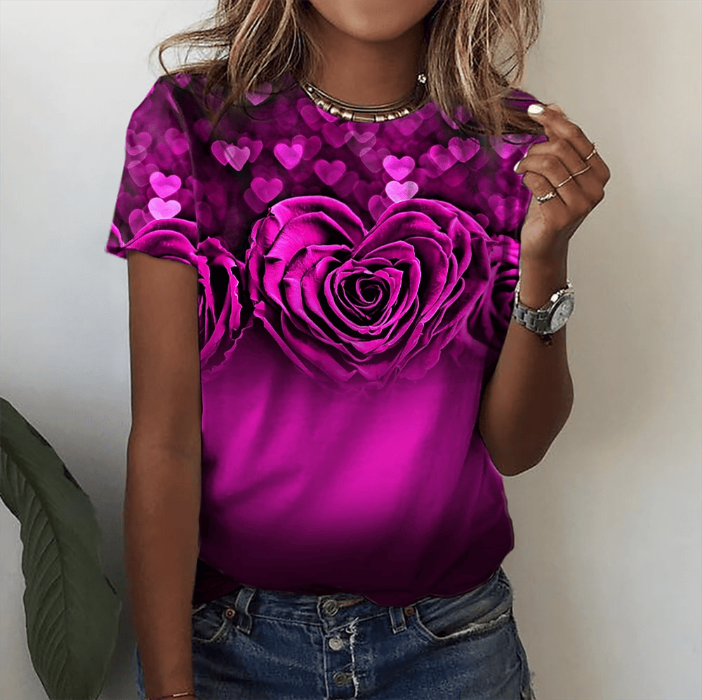 Naila 3D Rose Printing Short Sleeve Tees Plus Sized Women Tops