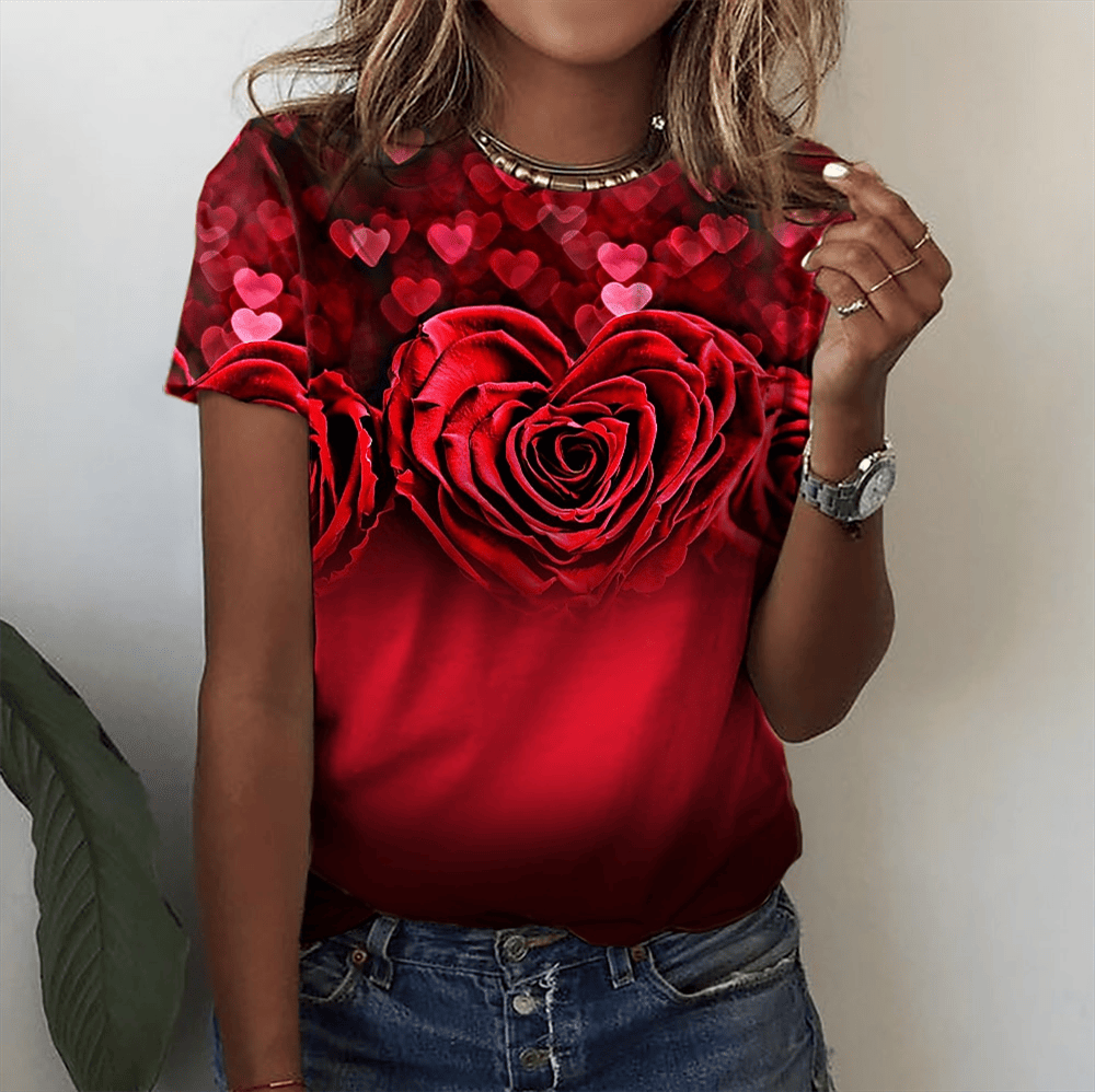 Naila 3D Rose Printing Short Sleeve Tees Plus Sized Women Tops