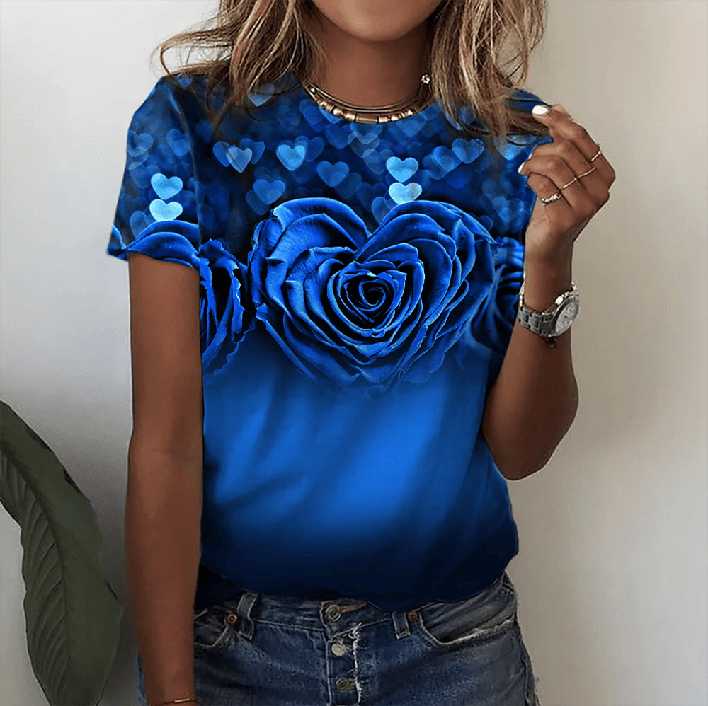 Naila 3D Rose Printing Short Sleeve Tees Plus Sized Women Tops