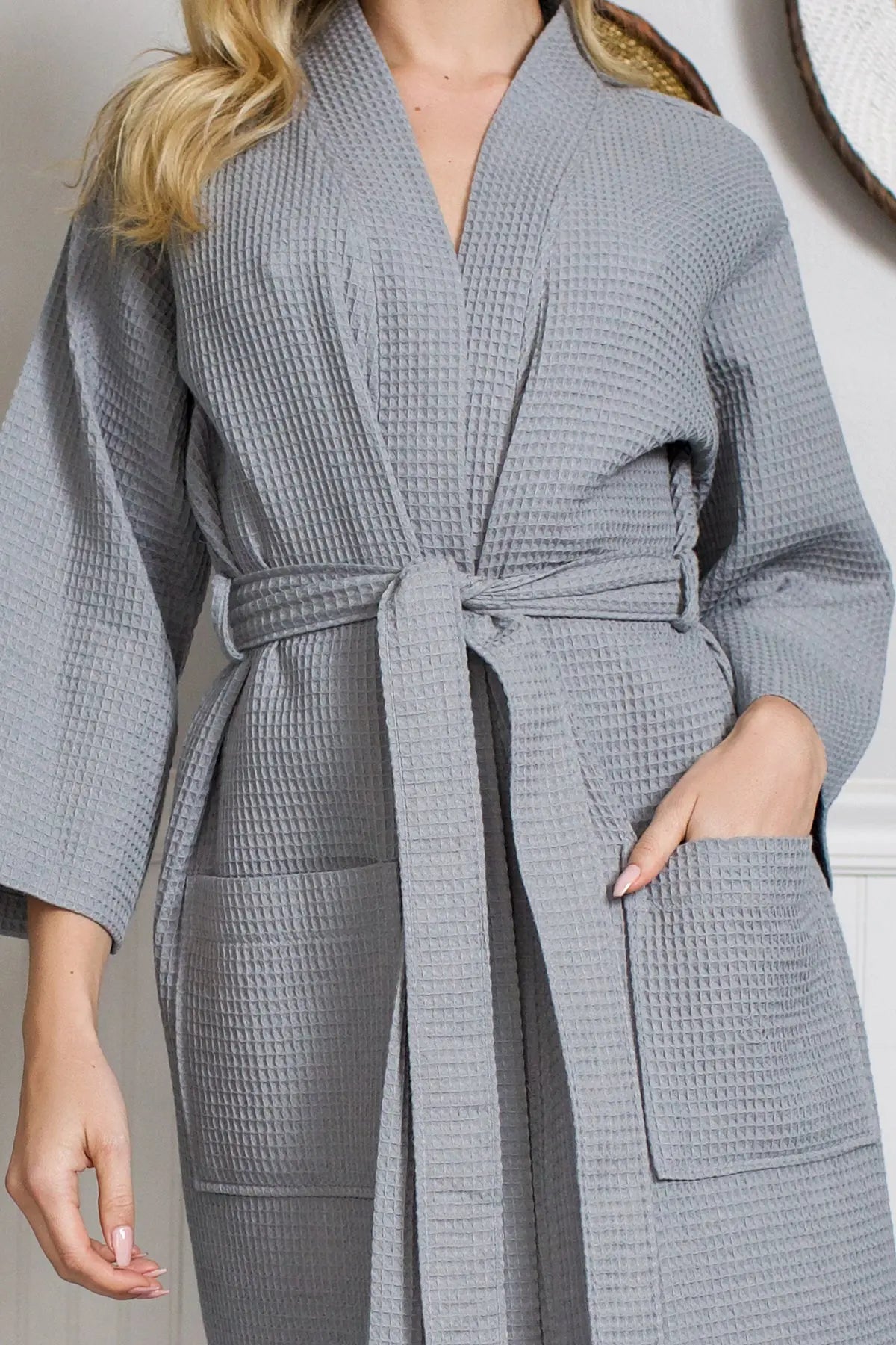 Glenny Knee-Length Waffle Kimono Robe for Women