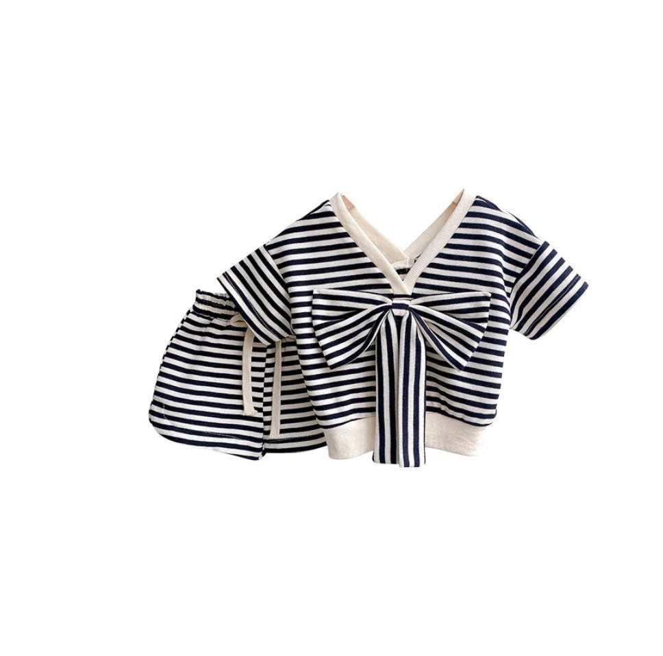 Denisse Bow Tie V-Neck Top and Shorts Striped Set