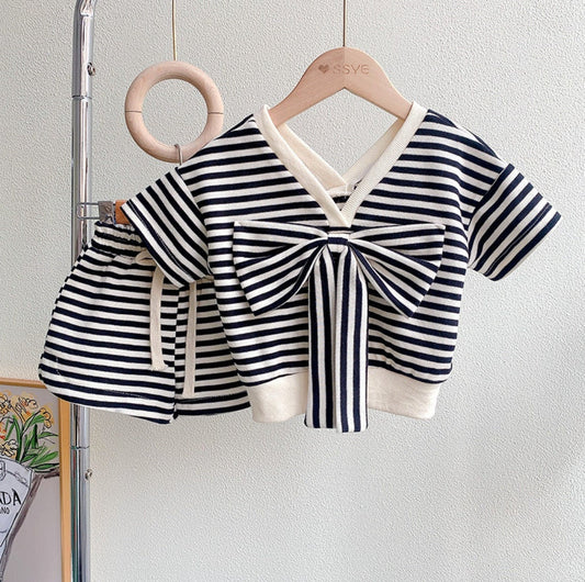 Denisse Bow Tie V-Neck Top and Shorts Striped Set