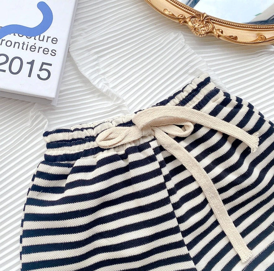 Denisse Bow Tie V-Neck Top and Shorts Striped Set