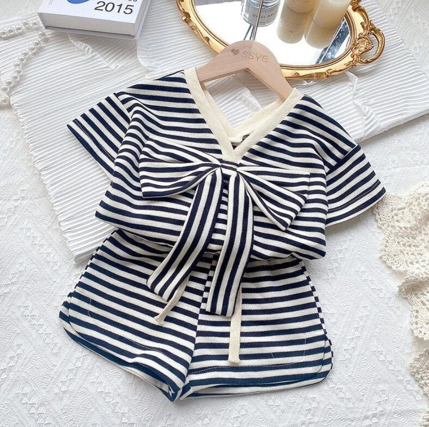 Denisse Bow Tie V-Neck Top and Shorts Striped Set