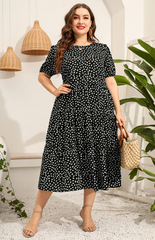 Verenila Maternity Dress - Plus Size Short Sleeve Puffed Sleeve Print Dress