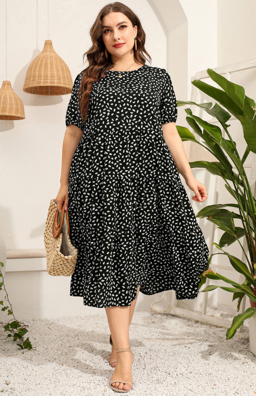 Verenila Maternity Dress - Plus Size Short Sleeve Puffed Sleeve Print Dress