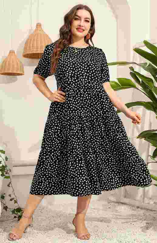 Verenila Maternity Dress - Plus Size Short Sleeve Puffed Sleeve Print Dress