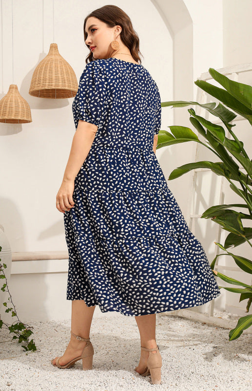 Verenila Maternity Dress - Plus Size Short Sleeve Puffed Sleeve Print Dress