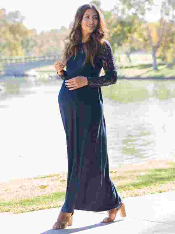 Greter Maternity Lace Dress - Long Sleeve Round Neck Solid Color