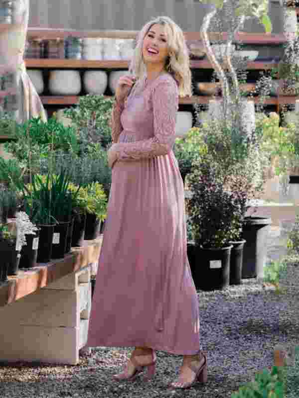 Greter Maternity Lace Dress - Long Sleeve Round Neck Solid Color