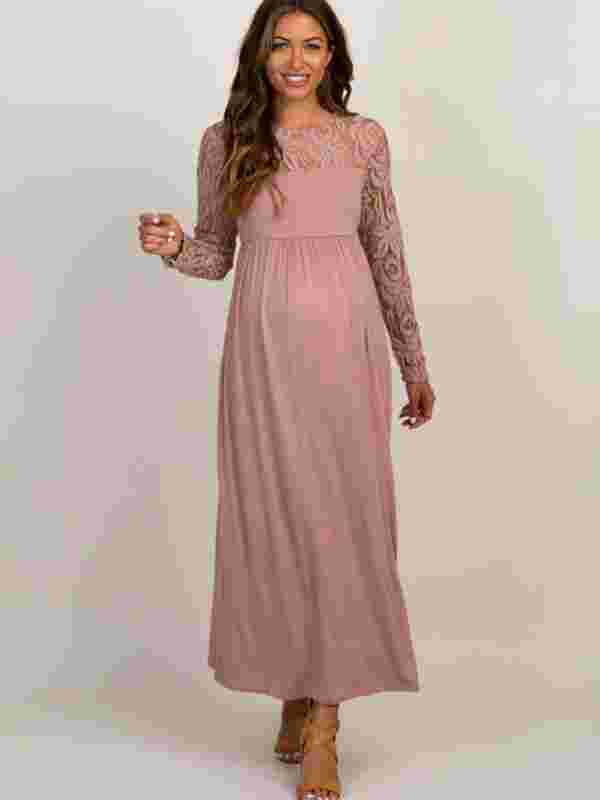 Greter Maternity Lace Dress - Long Sleeve Round Neck Solid Color