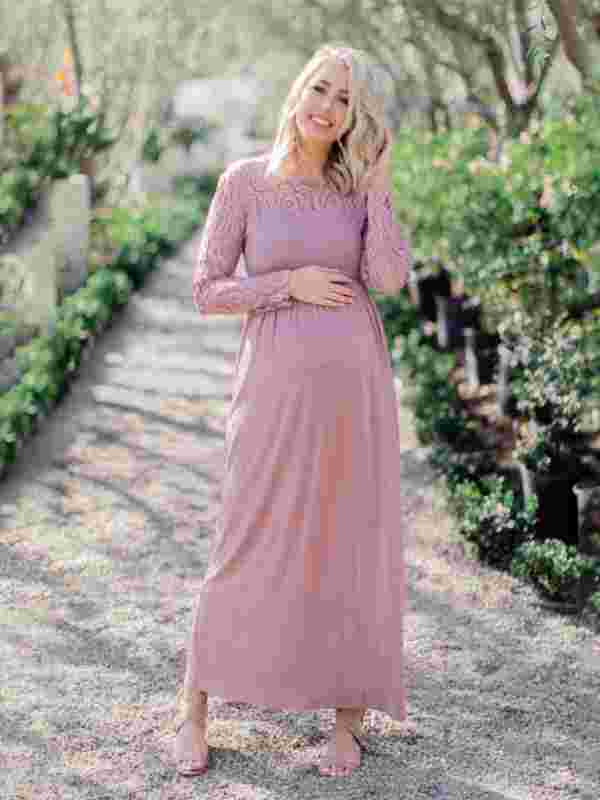 Greter Maternity Lace Dress - Long Sleeve Round Neck Solid Color