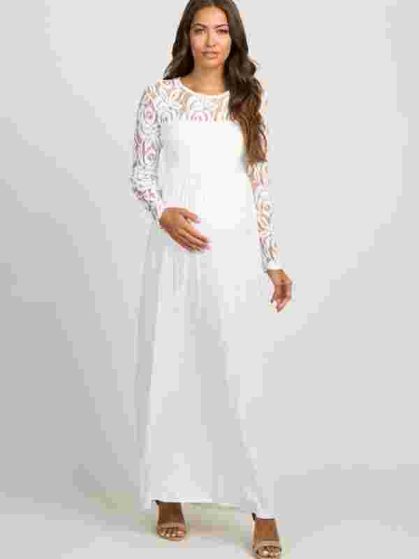 Greter Maternity Lace Dress - Long Sleeve Round Neck Solid Color