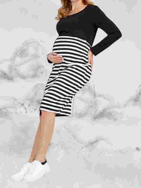 Lionela Maternity Dress - Long Sleeve Round Neck Striped Knit Dress