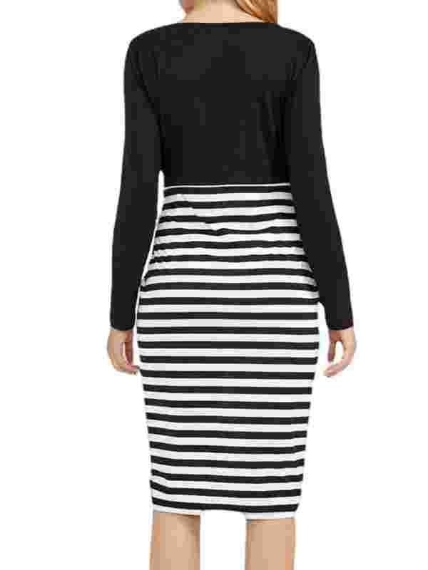 Lionela Maternity Dress - Long Sleeve Round Neck Striped Knit Dress