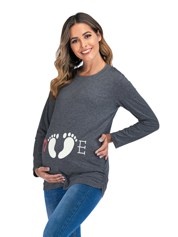 Sassy Round Neck Small Feet Print Maternity Top
