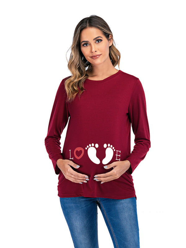 Sassy Round Neck Small Feet Print Maternity Top