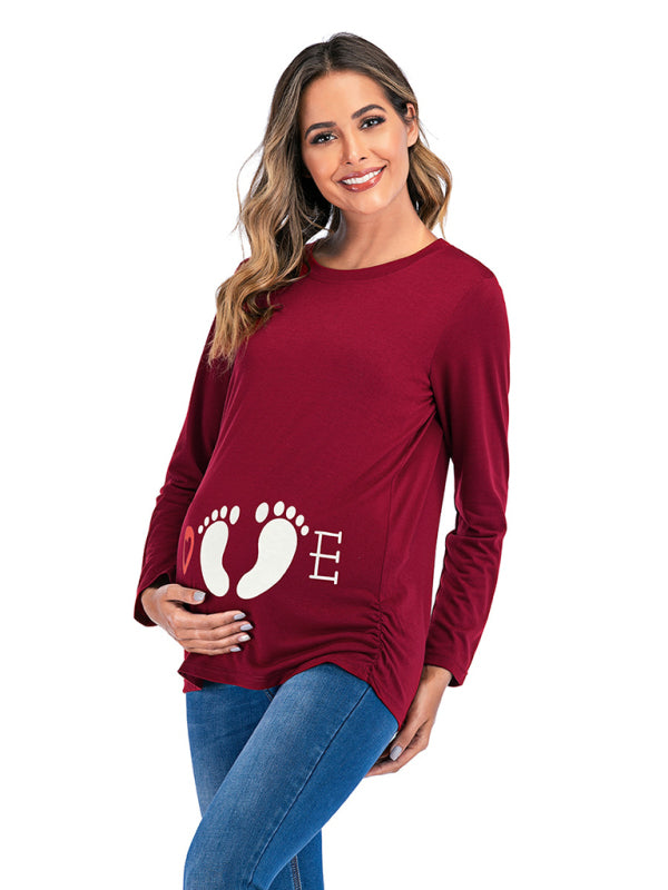 Sassy Round Neck Small Feet Print Maternity Top