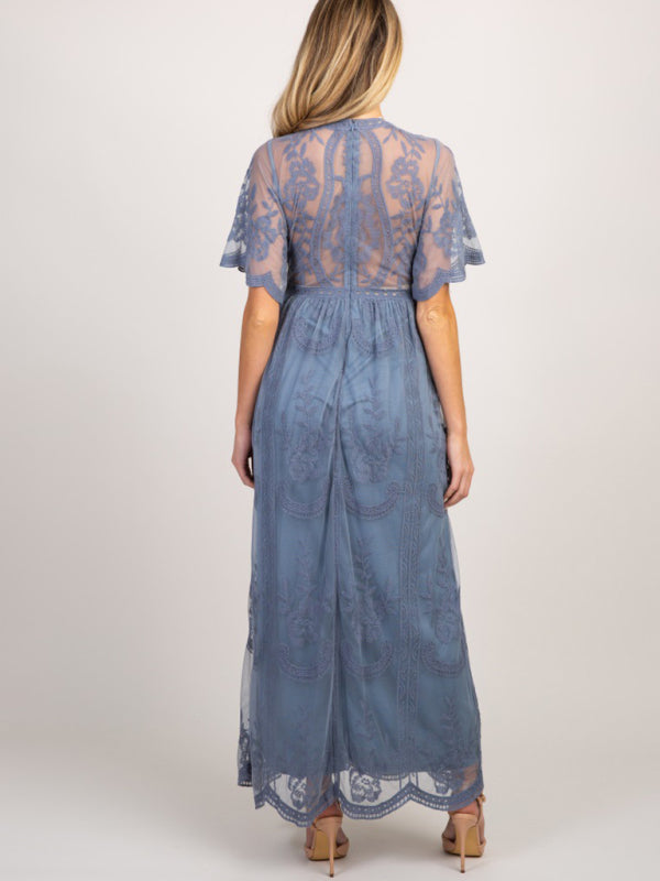 Berenice Maternity Lace Dress - Short Sleeve V-Neck High Waist Dress