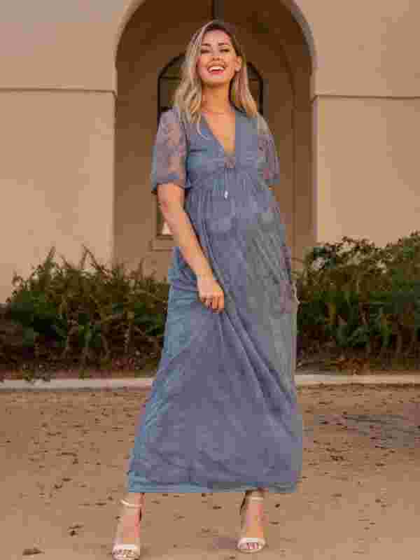 Berenice Maternity Lace Dress - Short Sleeve V-Neck High Waist Dress