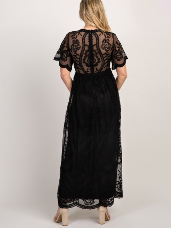 Berenice Maternity Lace Dress - Short Sleeve V-Neck High Waist Dress