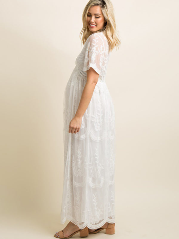 Berenice Maternity Lace Dress - Short Sleeve V-Neck High Waist Dress